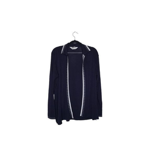 Exclusively Misook Size XS Navy Blue White Trim Open‎ Front Knit Cardigan Jacket
